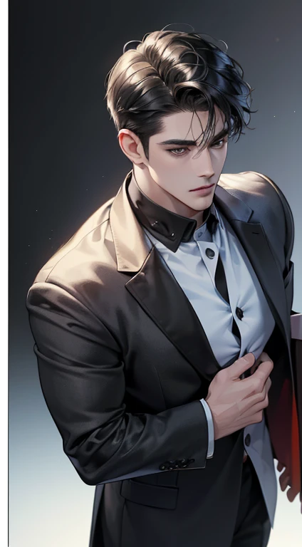 (best quality, masterpiece, 8K, photorealistic, cinematic lighting, 1:4 hdr image, top view, ultra detailed, beautiful image), a mature man, very handsome, short black hair, black eyes, perfect face without errors , ((buttoning his jacket, CEO))