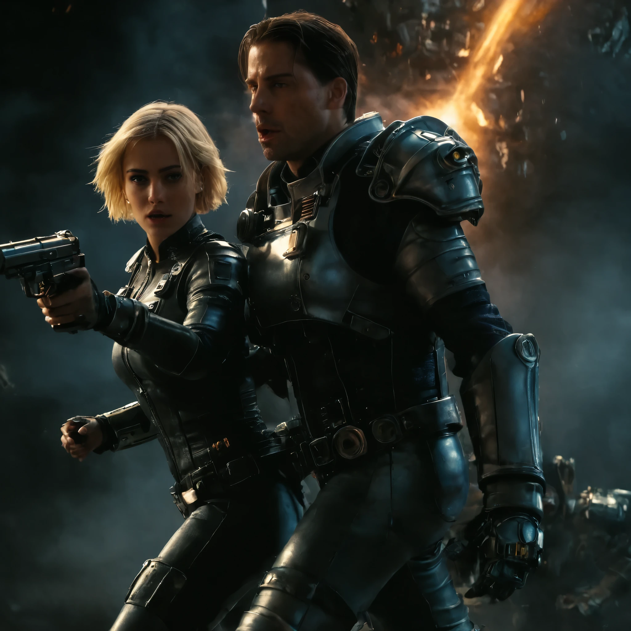 (Realistic photo), (extremely detailed face), (masterpieces), Full shot, (full body), (Power Armour woman),  dark sci-fi, action, Keanu Reevesy and NadiaSDXL as space pirates, Scarlett has short blond hair, Tom holds gun. immersive background of Fallout New Vegas battle zone, both wearing futuristic space outfit, dynamic action, explosions, alien, treasure, dark light, neons light, space nebula, hdr, RAW photo, depth of field, film grain, bokeh, 8k, full shot,