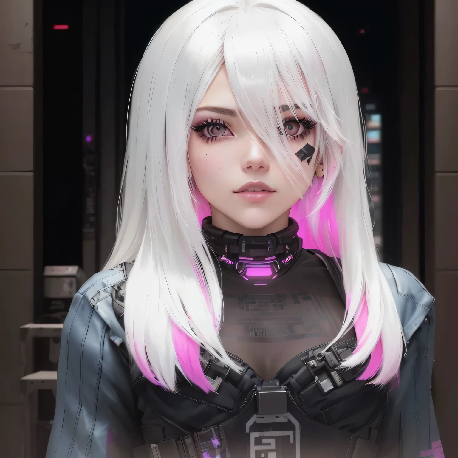 un primer plano de una persona con cabello largo blanco y cabello rosado, chica anime ciberpunk, arte digital del anime cyberpunk, cyborg - chica con cabello plateado, cyberpunk dreamy girl, female chica anime ciberpunk, estilo de arte ciberpunk, ciberpunk digital - arte anime, estilo cyberpunk hiperrealista, retrato de gafe de arcano, obra de arte al estilo de guweiz, anime ciberpunk