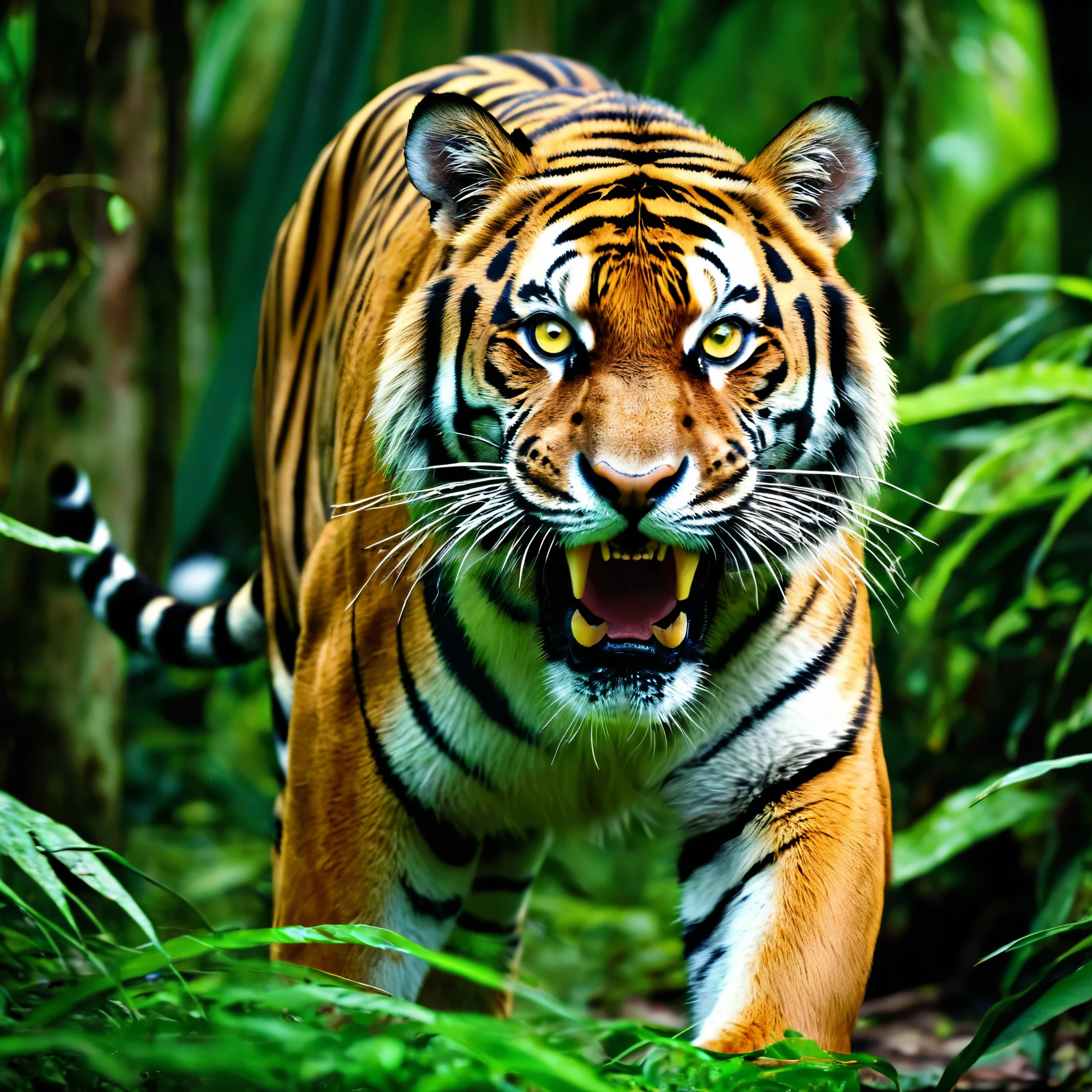 (highres:1.2),(realistic:1.37),tiger,jungle,stalks through the jungle,seeking prey,ferocious,striking,green foliage,thick vines,majestic creature,intense gaze,sharp teeth,powerful muscles,wild and untamed,hidden in the shadows,silent footsteps,intense yellow eyes,rippling stripes,camouflaged,predator,blend with the environment,alert and focused,primeval forest,stealthily moves,ready to pounce,hunting instinct,ambushes its prey,survival of the fittest,vivid colors of the jungle,piercing roars,prowling in the wilderness,wilderness sounds,unrelenting pursuit,ferocity,king of the jungle,mesmerizing beauty,intrepid hunter,lurks in the undergrowth,darting movements,graceful and agile,dominance in nature,unseen danger,invisible predator,untamed power,adapts to its surroundings,perfectly evolved,dangerous and majestic.