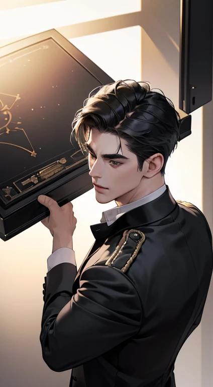 (best quality, masterpiece, 8K, photorealistic, cinematic lighting, 1:4 hdr image, top view, ultra detailed, beautiful image), a mature man, very handsome, short black hair, black eyes, perfect face without errors , ((buttoning his jacket, CEO))