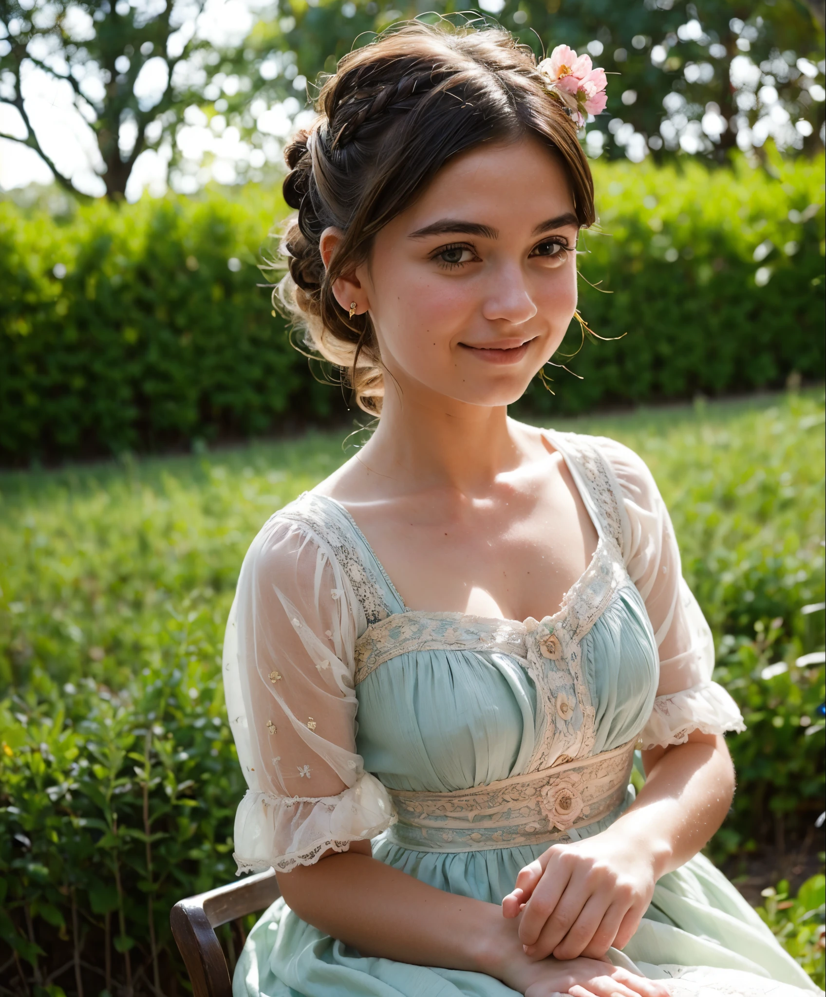 (Photorealistic:1.9), (18th century in France), Beautiful French girl wearing 18th century dress, detailed lace and ruffles, intricate floral patterns, pastel color palette, delicate accessories, elegant sitting posture, charming smile, soft natural lighting, lush garden background, blooming flowers, birds flying in the sky, gold trimmings on the dress, elaborate hairstyle with ribbons, well-defined facial features, sparkling eyes, rosy cheeks.
