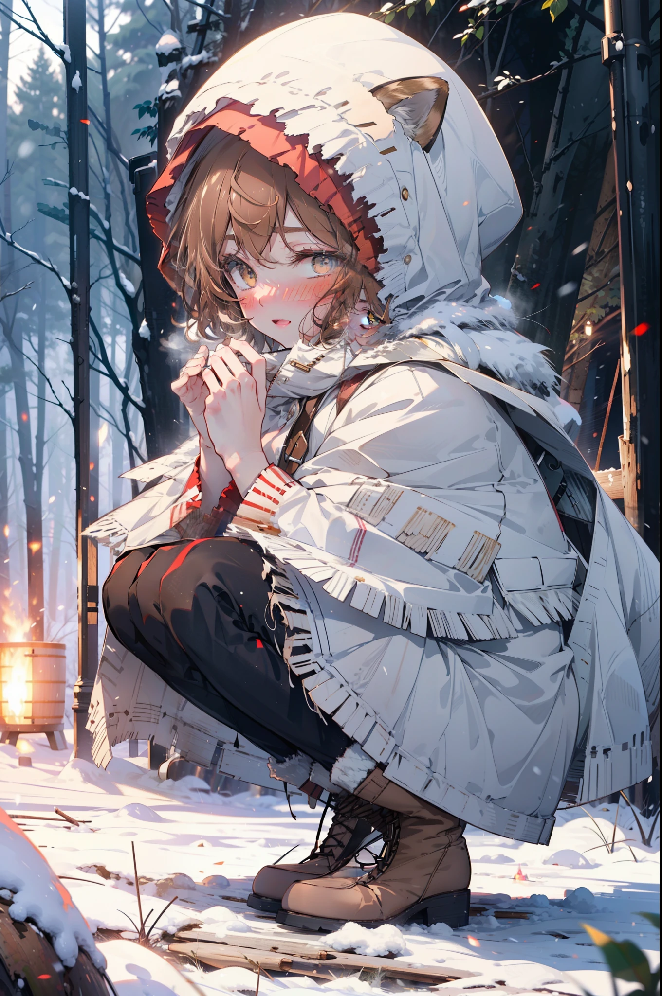 Liliru Card, Liliruca gets burned, Animal ears, (Brown eyes:1.7), Brown Hair, (Flat Chest:1.2), short hair,smile,blush,White Breath,
Open your mouth,snow,Ground bonfire, Outdoor, boots, snowing, From the side, wood, suitcase, Cape, Blurred, having meal, forest, White handbag, nature, Squat, Mouth closed, Cape, winter, Written boundary depth, Black shoes, red Cape break looking at viewer, Upper Body, whole body, break Outdoor, forest, nature, break (masterpiece:1.2), highest quality, High resolution, unity 8k wallpaper, (shape:0.8), (Beautiful and beautiful eyes:1.6), Highly detailed face, Perfect lighting, Extremely detailed CG, (Perfect hands, Perfect Anatomy),