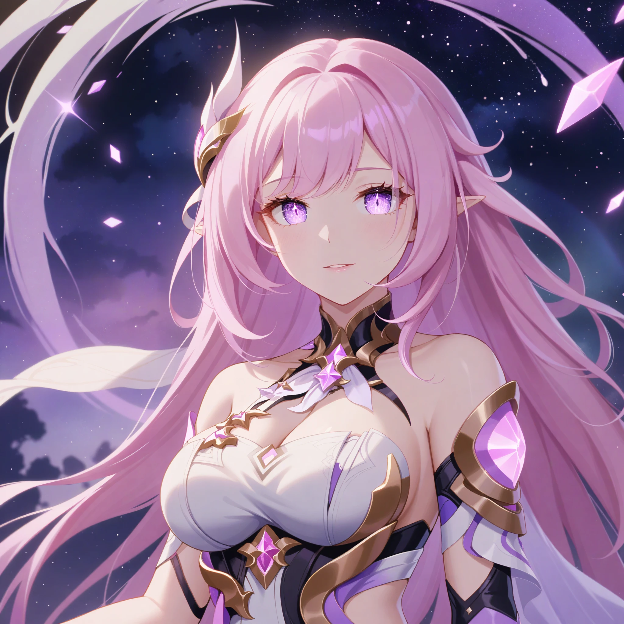 very aesthetic,1girl,elysia_/(herrscher_of_human:ego/)_/(honkai_impact/),pointed_ears,vivid pink_hair,dreamy anime fantasy background,raytracing,light purple eyes,criin,mihoyo,kagaya studio,floating,light particles,dsmile,starry sky,celestial,intricate,large breasts, glossy lips, long eyelashes,goddess,silk chiffon,cosmic,hires,pink slit pupils,watercolor,masterpiece,best quality