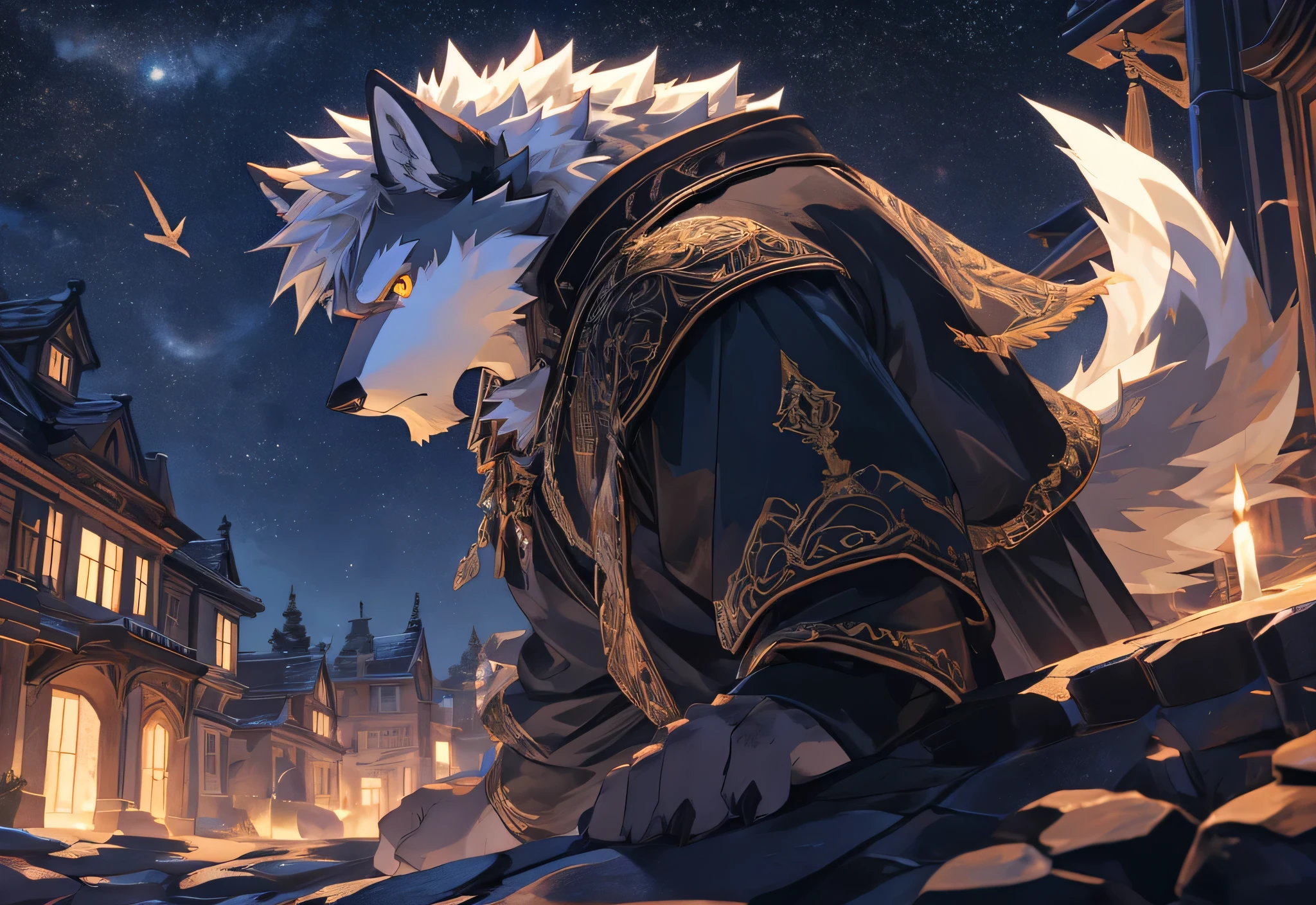 furry art, very very beautiful hairy art masterpiece，best quality，2K resolution，Very detailed，hairy，Wolf，Calm，Strong，male，Detailed facial depiction，Highest quality scene，whole body，male，White hair，Dynamic，stratagem，Golden Eyes，Solitary，White fur，Night background