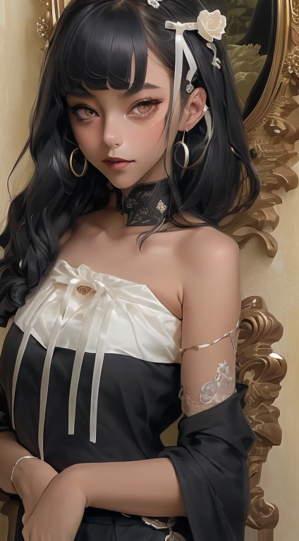 (girl: 1.5), Lace, ribbon, Hanfu, (masterpiece, Side light, Beautifully and fair gray eyes: 1.2), masterpiece, Practical, Glowing eyes, Shiny hair, Black Hair, Long hair, Glowing skin, Solitary, Awkward, Strapless, Beautifully, fair, garden, Flowers, fluttering petals,