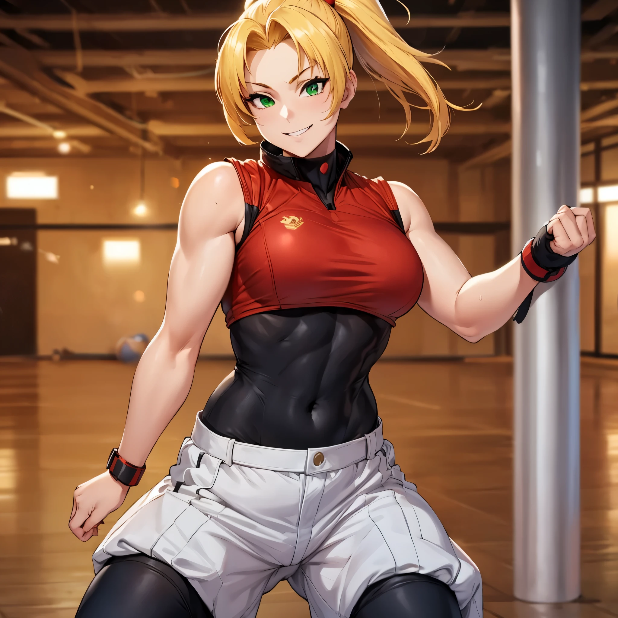 A woman with blonde hair, ponytail, green eyes, wearing red ken street fighter uniform, standing in a martial arts gym, smiling, full body, bokeh effect, atmospheric perspective, 8k , super detail, accurate, best quality, award winning, textured skin, high resolution, anatomically correct (solo female)
