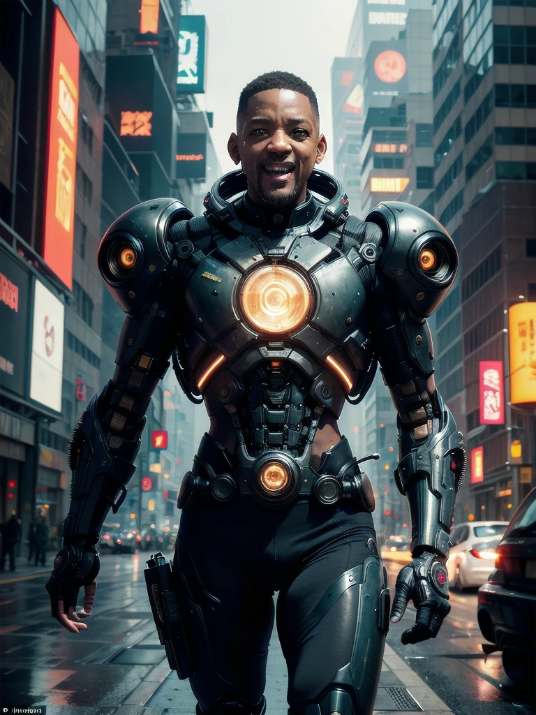 ((masterpiece, highest quality, hires, amazing detail, 8k, best quality, muted colours)), rear upper torso shot of middle aged man laughing and turning to camera / will smith /, wearing highly damaged battlesuit, perfect facial hair, scars, cybernetic implants, prosthetics, mirrorshades, ((intricate details)) ghost in the shell, gantz, gritty, cyberpunk background, broken, dystopian,