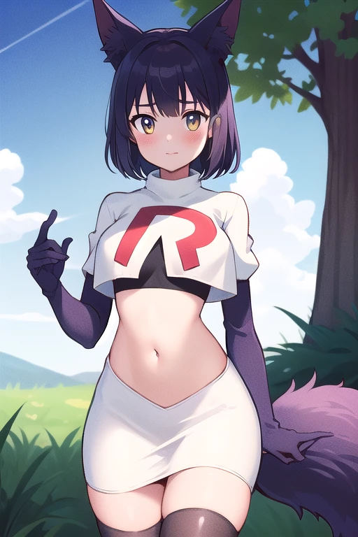 (masterpiece, best quality, highly detailed), 1girl, cowboy shot, lico, outside, trees, grass, sun, clouds, sky, team rocket,team rocket uniform,white skirt,red letter R,crop top,black thigh-highs,black elbow gloves , blush, fox ears, fox tail