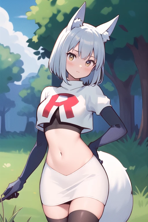 (masterpiece, best quality, highly detailed), 1girl, cowboy shot, lico, outside, trees, grass, sun, clouds, sky, team rocket,team rocket uniform,white skirt,red letter R,crop top,black thigh-highs,black elbow gloves , blush, fox ears, fox tail