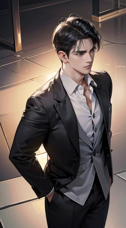 (best quality, masterpiece, 8K, photorealistic, cinematic lighting, 1:4 hdr image, top view, ultra detailed, beautiful image), a mature man, very handsome, short black hair, black eyes, perfect face without errors , ((buttoning his jacket, CEO))