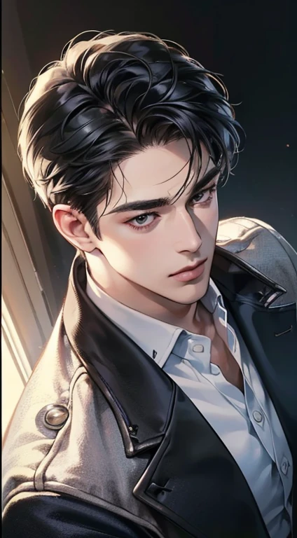 (best quality, masterpiece, 8K, photorealistic, cinematic lighting, 1:4 hdr image, top view, ultra detailed, beautiful image), a mature man, very handsome, short black hair, black eyes, perfect face without errors , ((buttoning his jacket, CEO))
