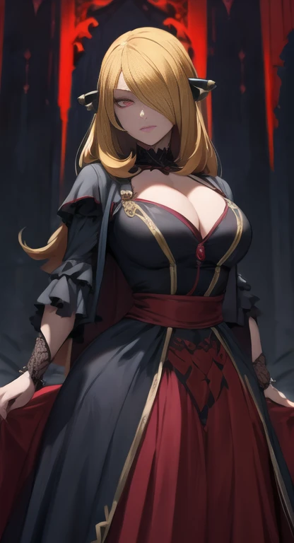 masterpiece, best quality, solo, sweet and beautiful, vampire queen, Cynthia, dark room, glowing red eyes, darkness, vampire Queen's dress,
