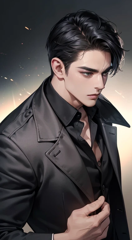 (best quality, masterpiece, 8K, photorealistic, cinematic lighting, 1:4 hdr image, top view, ultra detailed, beautiful image), a mature man, very handsome, short black hair, black eyes, perfect face without errors , ((buttoning his jacket, CEO))