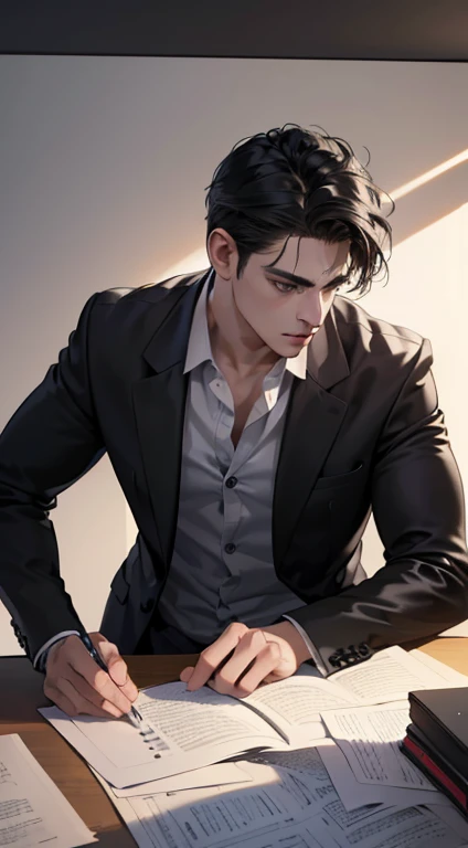 (best quality, masterpiece, 8K, photorealistic, cinematic lighting, 1:4 hdr image, top view, ultra detailed, beautiful image), a mature man, very handsome, short black hair, black eyes, perfect face without errors , ((buttoning his jacket, CEO))