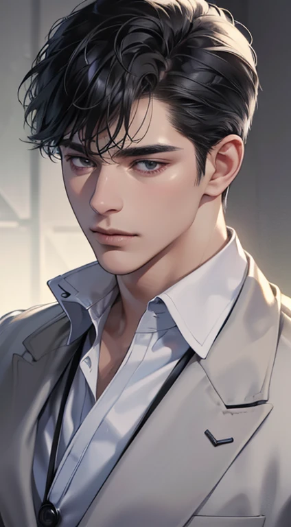 (best quality, masterpiece, 8K, photorealistic, cinematic lighting, 1:4 hdr image, top view, ultra detailed, beautiful image), a mature man, very handsome, short black hair, black eyes, perfect face without errors , ((buttoning his jacket, CEO))