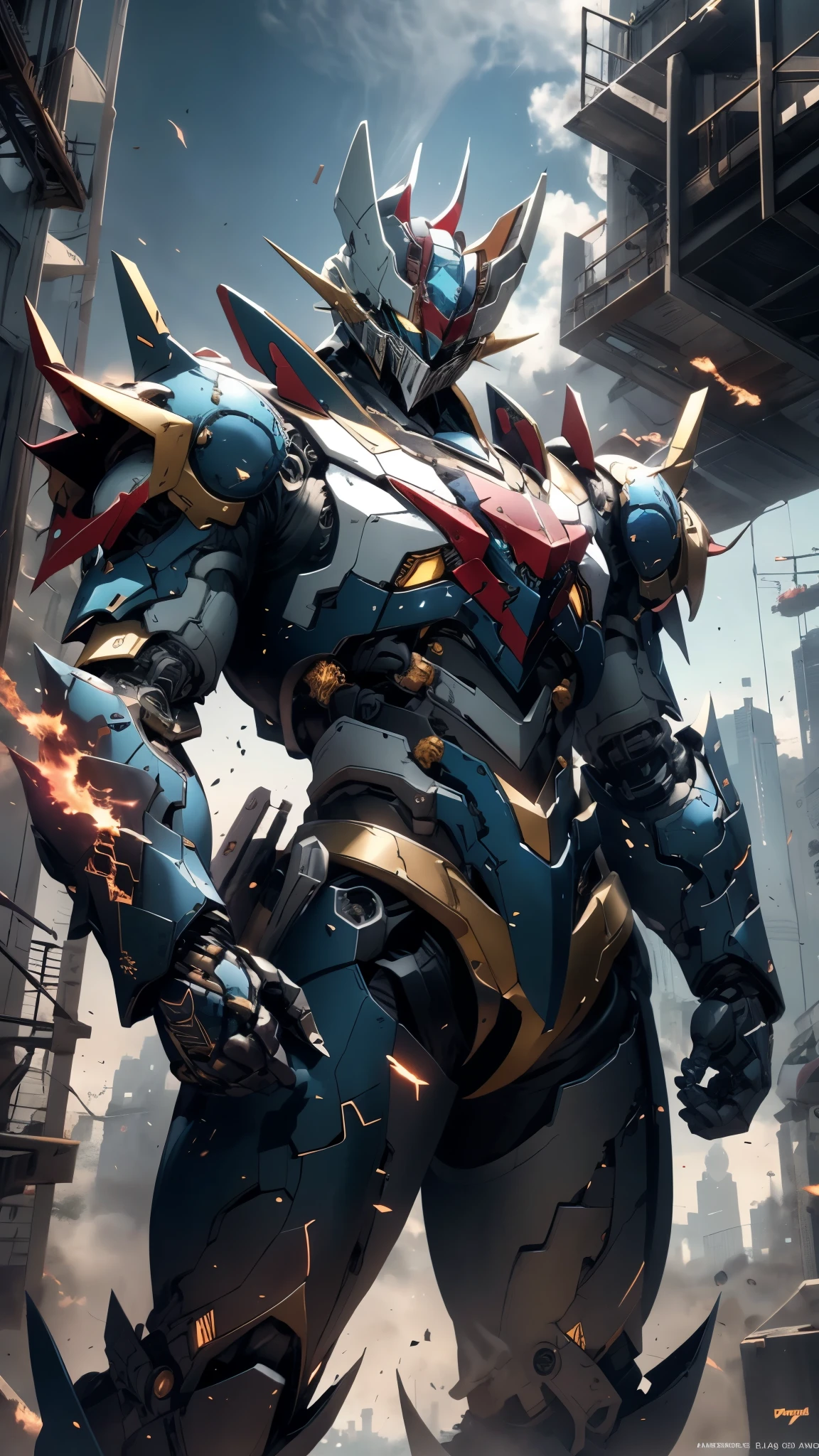 A man wearing a full-face helmet, a fantasy-style biotech armored combat suit, green eyes, (a composite layered chest armor), fully enclosed shoulder guards, matching arm and leg guards, the belt is adorned with Z mark, (the color scheme is primarily white with red and blue accents), the design balances heavy with agility, a high-tech bio-mecha armor, (Armor Concept Inspired by Mazinger Z, stand on the top of a skyscraper in a futuristic sci-fi city), this character embodies a finely crafted fantasy-surreal style armored hero in anime style, exquisite and mature manga art style, (battle damage, element, plasma, energy, the armor glows), ((male:1.5)), metallic, real texture material, dramatic, high definition, best quality, highres, ultra-detailed, ultra-fine painting, extremely delicate, professional, perfect body proportions, golden ratio, anatomically correct, symmetrical face, extremely detailed eyes and face, high quality eyes, creativity, RAW photo, UHD, 32k, Natural light, cinematic lighting, masterpiece-anatomy-perfect, masterpiece:1.5