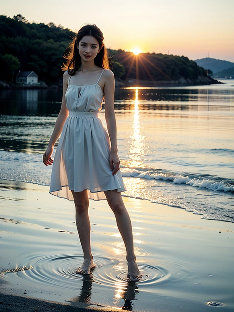 masterpiece, highest quality, movie stills, 1 girl,looking at the viewer、camisole dress、white dress、Dark subject with backlight、 Sky reflected on the sea surface、Mirror-like water surface、Reflective water surface、I can see your ankles、barefoot、sunset、beautiful sky, close, bright, Happy, warm and soft lighting, sunset, (spark:0.7)