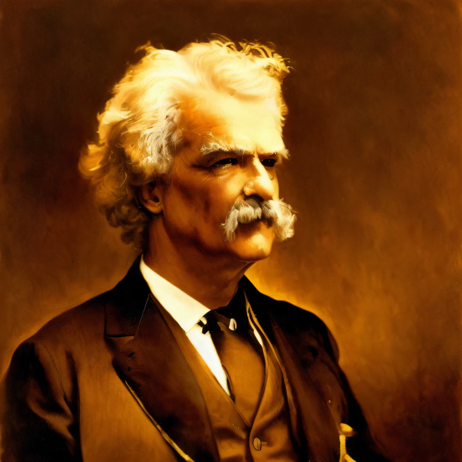 A color painting of Mark Twain, bust image, wearing brown suits and yellow necktie, white hair