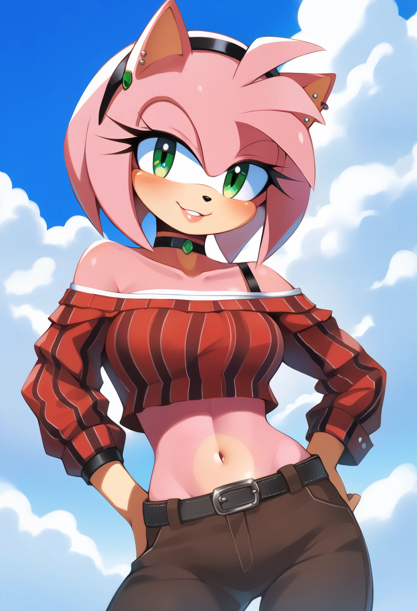 score_9, score_8_up, score_7_up, (((Amy Rose))), pink fur, green eyes, short wavy hair,1girl, solo, jewelry, looking at viewer, navel, choker, shirt, outdoors, midriff, piercings, pants, crop top, hand in pocket, blush, long sleeves, collarbone, brown pants, necklace, cowboy shot, off-shoulder shirt, black choker, off shoulder, red shirt, sky, breasts, cloud, bra strap, by Akami Mirai, (((anime art style))), (((masterpiece))), (((professional quality))), (((correct anatomy))), (((vibrant colours))), (((high quality)), (((HD)))