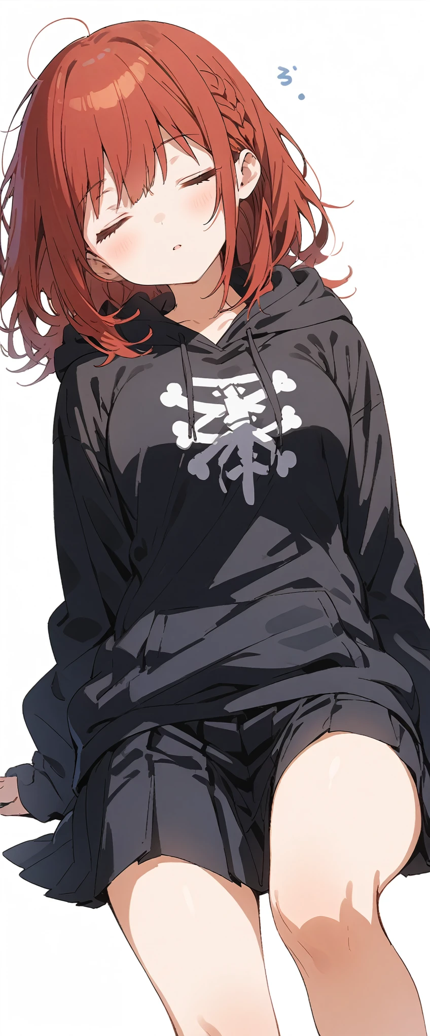 Solid white background、white background、Blank background、Ultra-high resolution, highest quality,Solo one girl、Full body view from the front、fish-bone braid hair、Fishbone Hair、red hair、busty、Sleeping、sleeping face、plain black hoodie、Black pleated skirt、barefoot