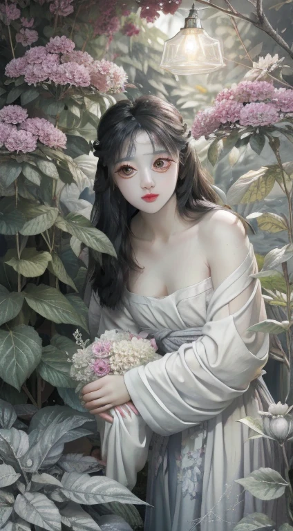 (girl: 1.5), Lace, ribbon, Hanfu, (masterpiece, Side light, Beautifully and fair gray eyes: 1.2), masterpiece, Practical, Glowing eyes, Shiny hair, Black Hair, Long hair, Glowing skin, Solitary, Awkward, Strapless, Beautifully, fair, garden, Flowers, fluttering petals,