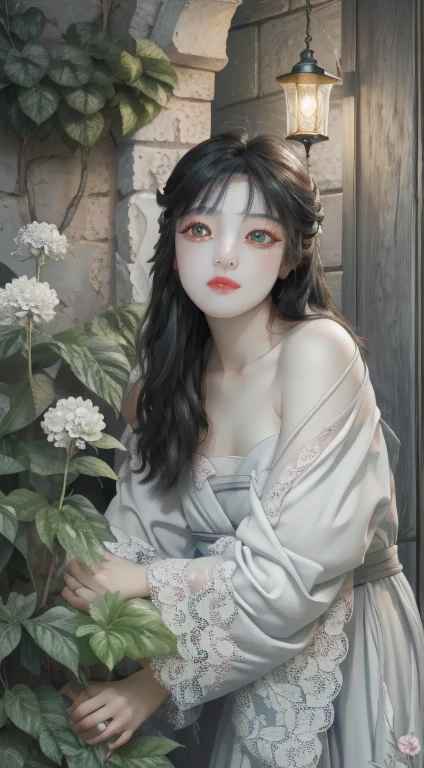 (girl: 1.5), Lace, ribbon, Hanfu, (masterpiece, Side light, Beautifully and fair gray eyes: 1.2), masterpiece, Practical, Glowing eyes, Shiny hair, Black Hair, Long hair, Glowing skin, Solitary, Awkward, Strapless, Beautifully, fair, garden, Flowers, fluttering petals,