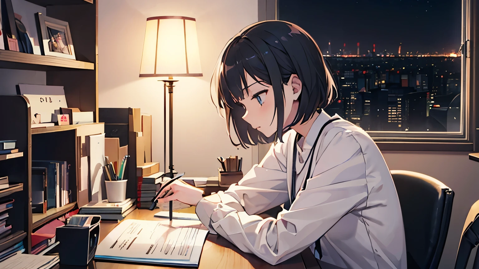 lofi,chill,modern animation,modern style girl,tokyo night,room,A person concentrating on her work at desk,Please wash your hands properly.