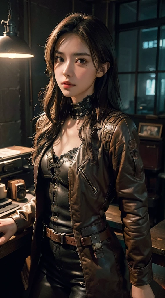 A girl in steampunk clothing poses with goggles, Dark chestnut and light brown style, Romantic nostalgic theme, aetherclockpunk, Made of all the above materials, fire core, Romanticized femininity, Unified stage image ,((Slim, small)), photoPractical, photo, masterpiece, Practical, realism, photorealism, High contrast, photoPractical digital art trending on Artstation 8k HD high definition detailed Practical, detailed, Texture, hyper detailed, Practical Texture, armature, best quality, Ultra-high resolution, (photoPractical:1.4),, high resolution, detailed, raw photo, Sharp Reinsurance, by lee jeffries nikon d850 film stock photograph 4 kodak portra 400 camera f1.6 lens rich colors hyper Practical lifelike texture dramatic lighting unrealengine trending on artstation cinestill 800,