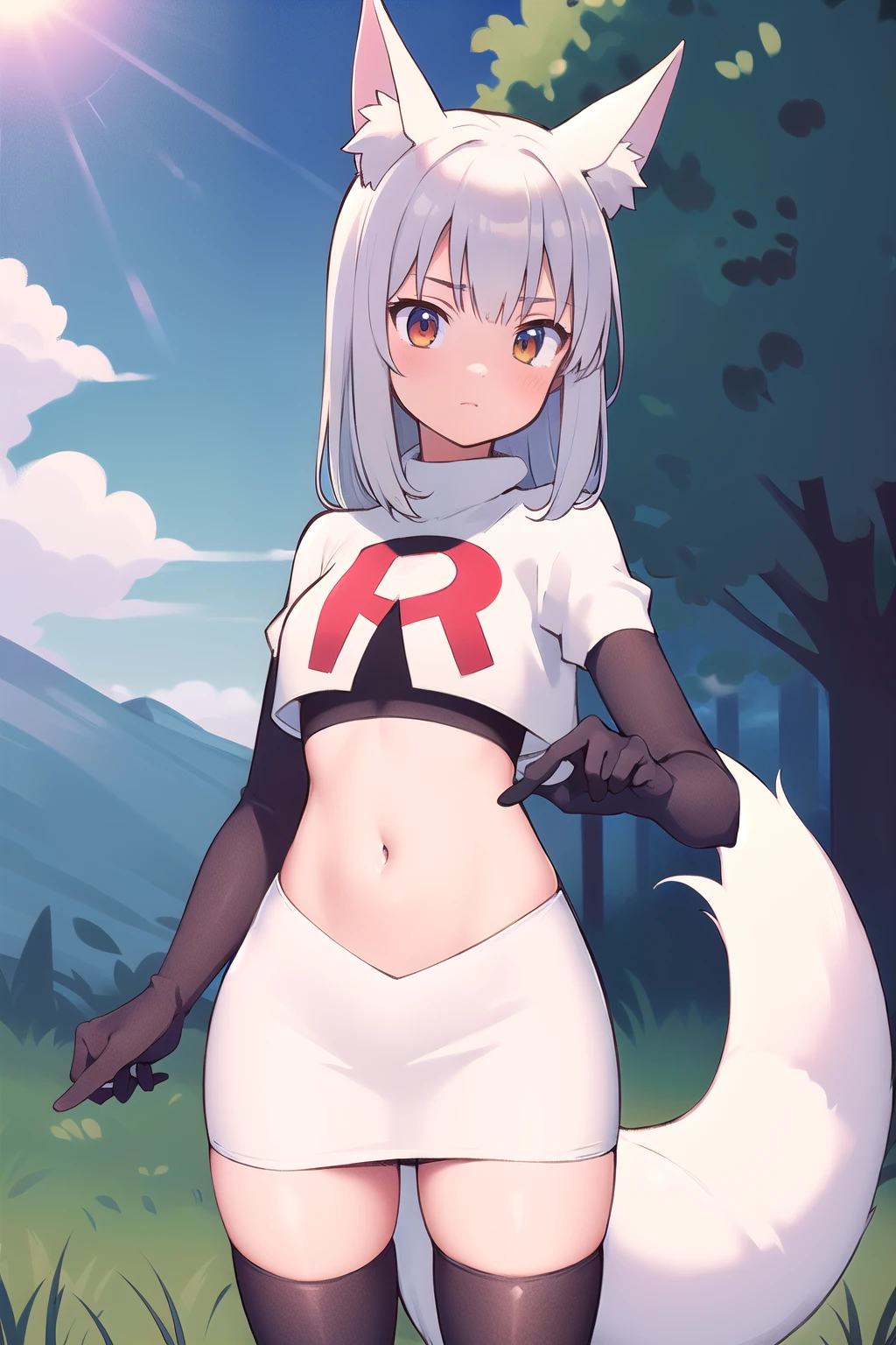 (masterpiece, best quality, highly detailed), 1girl, cowboy shot, lico, outside, trees, grass, sun, clouds, sky, team rocket,team rocket uniform,white skirt,red letter R,crop top,black thigh-highs,black elbow gloves , blush, fox ears, fox tail