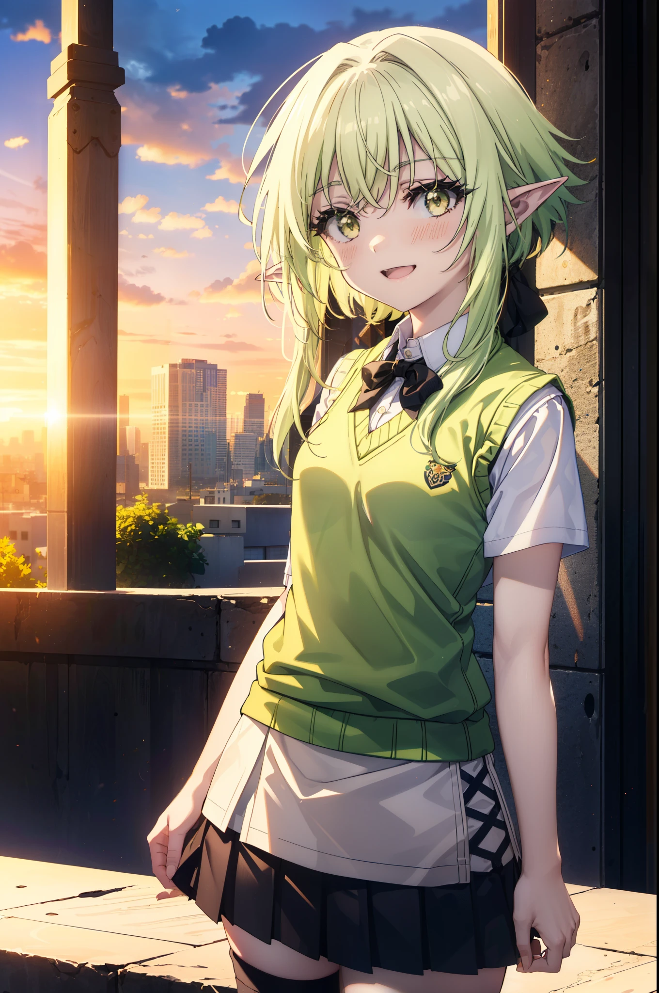 High Goblin Archer, high goblin archer, Long Hair, (Green Eyes:1.5), bow, hair bow, black bow, Side Lock, Green Hair, Pointy Ears, happy smile, smile, Open your mouth,white yシャツ, Short sleeve, Pleated skirt, socks, Collared shirt, mini skirt, White knee socks, (Black Skirt:1.5), Sweater vest, (green Sweater vest:1.5),Brown Loafers,sunset,evening,The sun goes down,
break outdoors, city,Building Street,
break looking at viewer, (Cowboy Shot:1.5),
break (masterpiece:1.2), highest quality, High resolution, unity 8k wallpaper, (shape:0.8), (Fine and beautiful eyes:1.6), Highly detailed face, Perfect lighting, Highly detailed CG, (Perfect hands, Perfect Anatomy),
