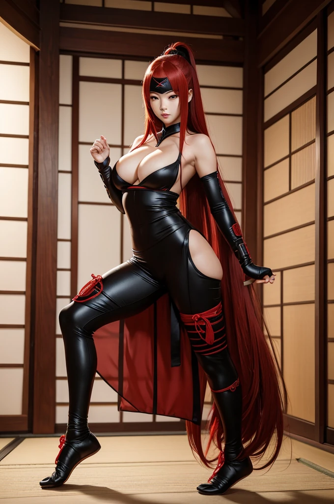 Woman in sexy ninja costume, Traditional Japanese shoes, Masked, Long red hair, Bangs hair, Dojo, High Detail, Real full length photos, 4K
