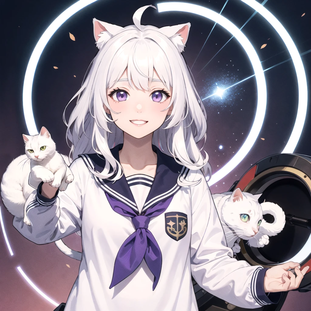 upper body, 1girl, white hair, ahoge, purple eyes, smile, sailor suite, serafuku, sailor collar, white cat, , magic circle background, light particles,