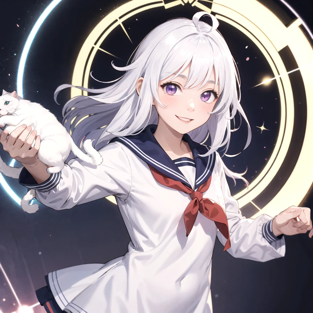 upper body, 1girl, white hair, ahoge, purple eyes, smile, sailor suite, serafuku, sailor collar, white cat, , magic circle background, light particles,