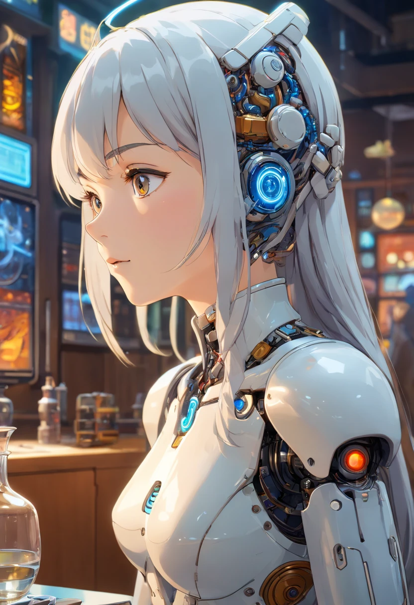 1 Girl,woman,Complex 3D Rendering Super Detailed Beautiful Porcelain Profile woman Android Face, robot, parts and components, 150 mm, Beautiful studio soft light, Rim Light, vivid details, Gorgeous Cyberpunk, Racing, Surreal, Anatomical , facial muscles, Cable, Microchip, elegant, Beautiful background, Octane Rendering, HR Giger style, 8k, highest quality, On the table, illustration, Very delicate and beautiful, Very detailed, nffsw, , wallpaper, ( Practical, Reality: 1.37), Astonishing, Meticulous attention to detail, On the table, highest quality, official art, Very detailed ticker Unity 8k wallpapers, absurd, Ridiculous, Droid, Silver beads, whole body, sitting,whole body