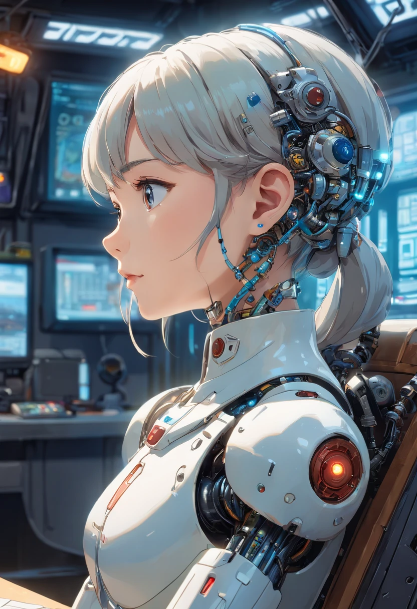 1 Girl,woman,Complex 3D Rendering Super Detailed Beautiful Porcelain Profile woman Android Face, robot, parts and components, 150 mm, Beautiful studio soft light, Rim Light, vivid details, Gorgeous Cyberpunk, Racing, Surreal, Anatomical , facial muscles, Cable, Microchip, elegant, Beautiful background, Octane Rendering, HR Giger style, 8k, highest quality, On the table, illustration, Very delicate and beautiful, Very detailed, nffsw, , wallpaper, ( Practical, Reality: 1.37), Astonishing, Meticulous attention to detail, On the table, highest quality, official art, Very detailed ticker Unity 8k wallpapers, absurd, Ridiculous, Droid, Silver beads, whole body, sitting,whole body