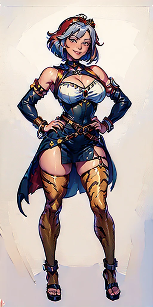 ((Masterpiece, plain background,1:2)) full body standing with two long yellow tiger print stockings, toned thighs, cleavage, separate yellow tiger print stockings thighs and sleeves, tiara royal, long cape up to two feet, yellow tiger bikini print, hands on waist hips hands on hips, navel, lustful smirking smiling, smile face (red blushed, red cheeks) pauldrons metal shoulders, armbands, black leather choker slave collar, full body standing with two long thighs and two metal sandals, red eyes, silver white short bob hair, big knockers, cleavage, separate sleeves, tiara royal, leather corset, armbands, shackles bracelets, slave red crest, loincloth standing, big belt, view from below, feet together, bracers, tiara, standing contrapposto straight symmetrical looking to viewer
