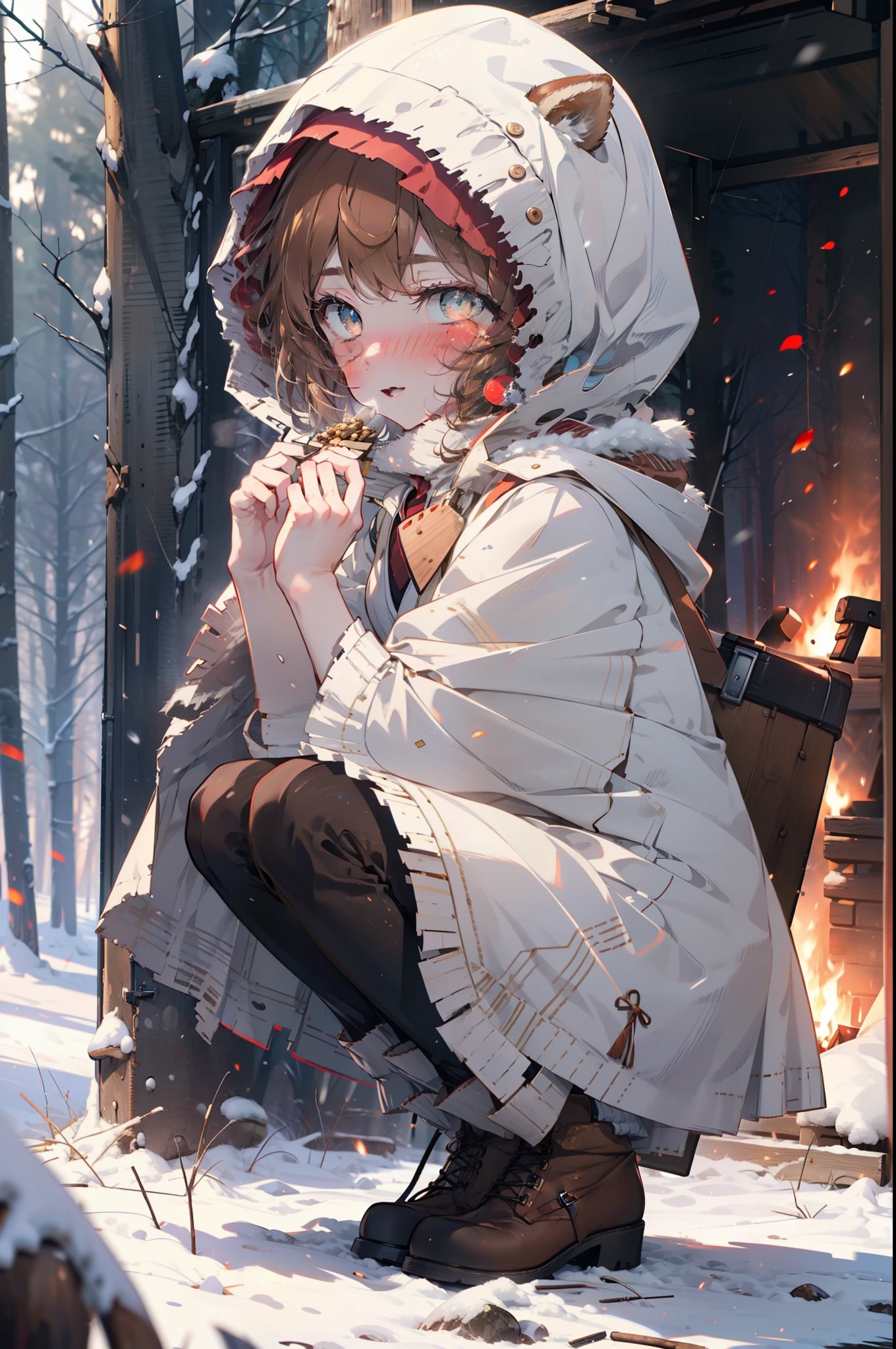 Liliru Card, Liliruca gets burned, Animal ears, (Brown eyes:1.7), Brown Hair, (Flat Chest:1.2), short hair,smile,blush,White Breath,
Open your mouth,snow,Ground bonfire, Outdoor, boots, snowing, From the side, wood, suitcase, Cape, Blurred, having meal, forest, White handbag, nature,  Squat, Mouth closed, Cape, winter, Written boundary depth, Black shoes, red Cape break looking at viewer, Upper Body, whole body, break Outdoor, forest, nature, break (masterpiece:1.2), highest quality, High resolution, unity 8k wallpaper, (shape:0.8), (Beautiful and beautiful eyes:1.6), Highly detailed face, Perfect lighting, Extremely detailed CG, (Perfect hands, Perfect Anatomy),