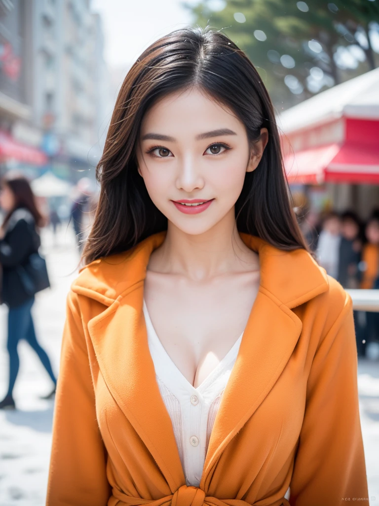 ((((8 thousand))),((Really meticulous CG)) ,(wallpaper),16,000,((Incredibly stylish and beautiful))，(((masterpiece))),(((best quality))),(((초high resolution))),A beautiful light came on，perfect lightning，Realistic Shading，[high resolution],(Smooth, flawless, fair skin:1.5), Very exquisite facial details, Ultra-detailed,Beautiful girl,alone,small head, small face,exquisite makeup,(:1.1),flat box,slim,thin,happy,(laugh:1.2), (orange fur coat:1.3), clavicle, split,(slim legs:1.2), (Daytime Scene:1.5),at the amusement park,outdoor,blur,(detailed background:1.5),snow landscape,snowfall,upper body, big bust, sagging breasts,