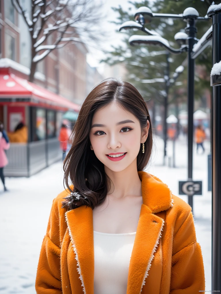 ((((8 thousand))),((Really meticulous CG)) ,(wallpaper),16,000,((Incredibly stylish and beautiful))，(((masterpiece))),(((best quality))),(((초high resolution))),A beautiful light came on，perfect lightning，Realistic Shading，[high resolution],(Smooth, flawless, fair skin:1.5), Very exquisite  details, Ultra-detailed,Beautiful girl,alone,small head, small face,exquisite makeup,(:1.1),flat box,slim,thin,happy,(laugh:1.2), (orange fur coat:1.3), clavicle, split,(slim legs:1.2), (Daytime Scene:1.5),at the amusement park,outdoor,blur,(detailed background:1.5),snow landscape,snowfall,upper body, big , sagging ,