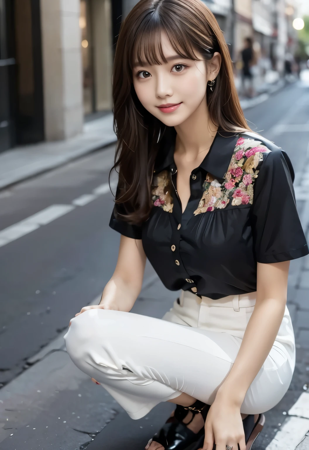 (masterpiece, best quality:1.1), (8k, raw photo, photo realistic:1.2, f22), (shiny skin), detailed skin,long hair,detailed face, detailed eyes,smile,BREAK, real world, intricate details, smil, BREAK, 1girl, full body,(short sleeves,black,stripe pattern,blouse,pants)BREAK, (Street:1.4)
