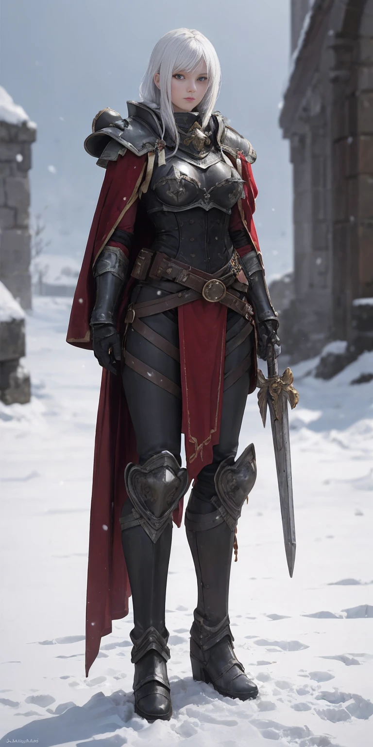 full body standing straight symmetrical, FEMALE warrior princess, big belt around waist, hair, very white skin like snow, wearing full heavy armor red cape, brown leather boots, adventurer outfit, veteran warrior MILF bimbo