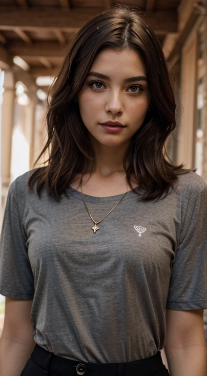 La chica japonesa tiene el cabello corto y oscuro, peinado en un estilo suelto y ligeramente despeinado. Tiene la piel clara y un tono de maquillaje natural, con mejillas ligeramente sonrosadas. Sus cejas son espesas y bien definidas, y sus ojos son grandes y almendrados, de un color oscuro. Sus labios son de un tono rosado suave. Lleva puesta una camiseta negra de tirantes y dos collares delicados, uno de ellos con un colgante redondo.
