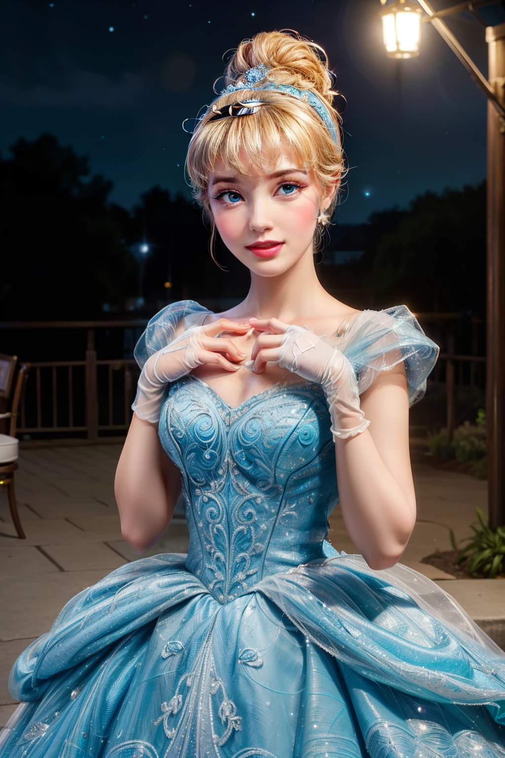 ((masterpiece:1.2), highest quality, High resolution, Very detailed), alone, One girl,
(Cinderella Wife,Princess cinderella from disney,Beautiful Skin,Swept-apart bangs,Top Knot:1.4),(18-year-old,Large Breasts,Sexy Eyes,Turquoise Eyes,Blonde:1.1),Elegant face,(Blue headband:1.3),
Princess,
(One girl, alone:1.4), Cowboy Shot,(Light blue rococo gown:1.4), Long gloves, View your viewers, (Outdoor,At night,city,Starry Sky:1.2),Cute pose 