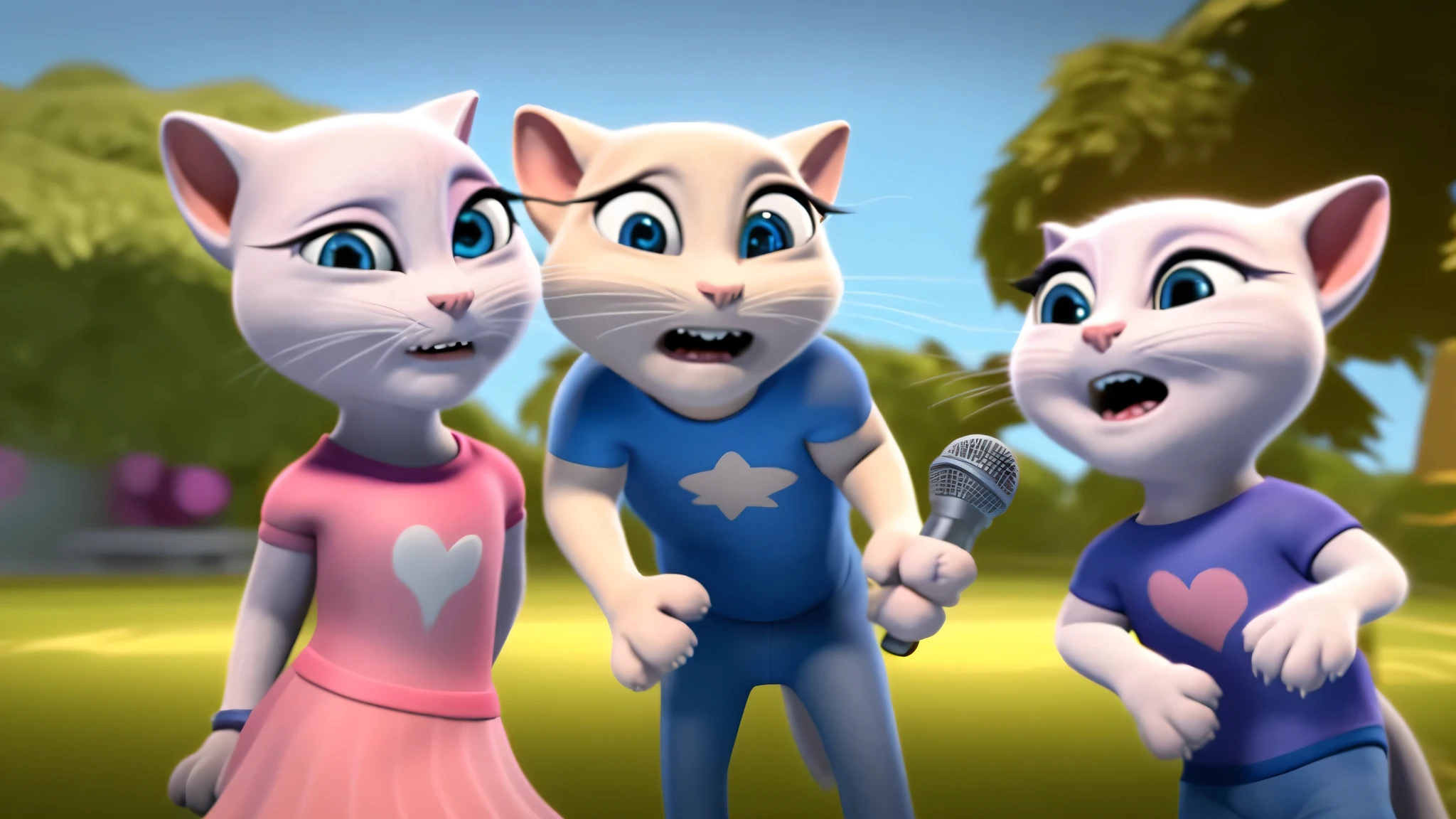 Talking Angela grabbed the microphone and started singing joyfully. She stood in the middle of the park, with a gentle breeze blowing around her. Meanwhile, Tom watched Angela in astonishment, his eyes wide and his mouth slightly open