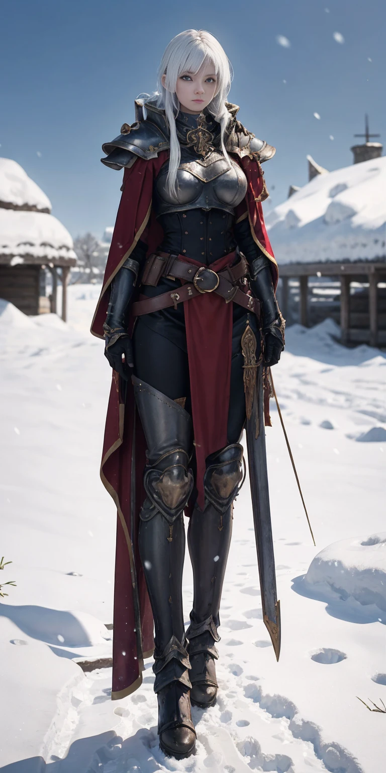 full body standing straight symmetrical, FEMALE warrior princess, big belt around waist, hair, very white skin like snow, wearing full heavy armor red cape, brown leather boots, adventurer outfit, veteran warrior MILF bimbo