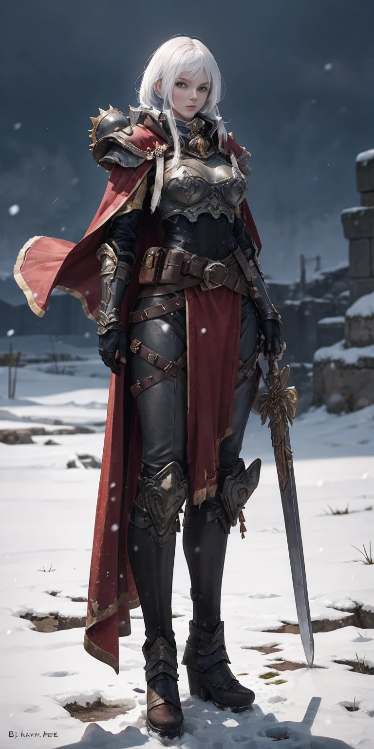 full body standing straight symmetrical, FEMALE warrior princess, big belt around waist, hair, very white skin like snow, wearing full heavy armor red cape, brown leather boots, adventurer outfit, veteran warrior MILF bimbo