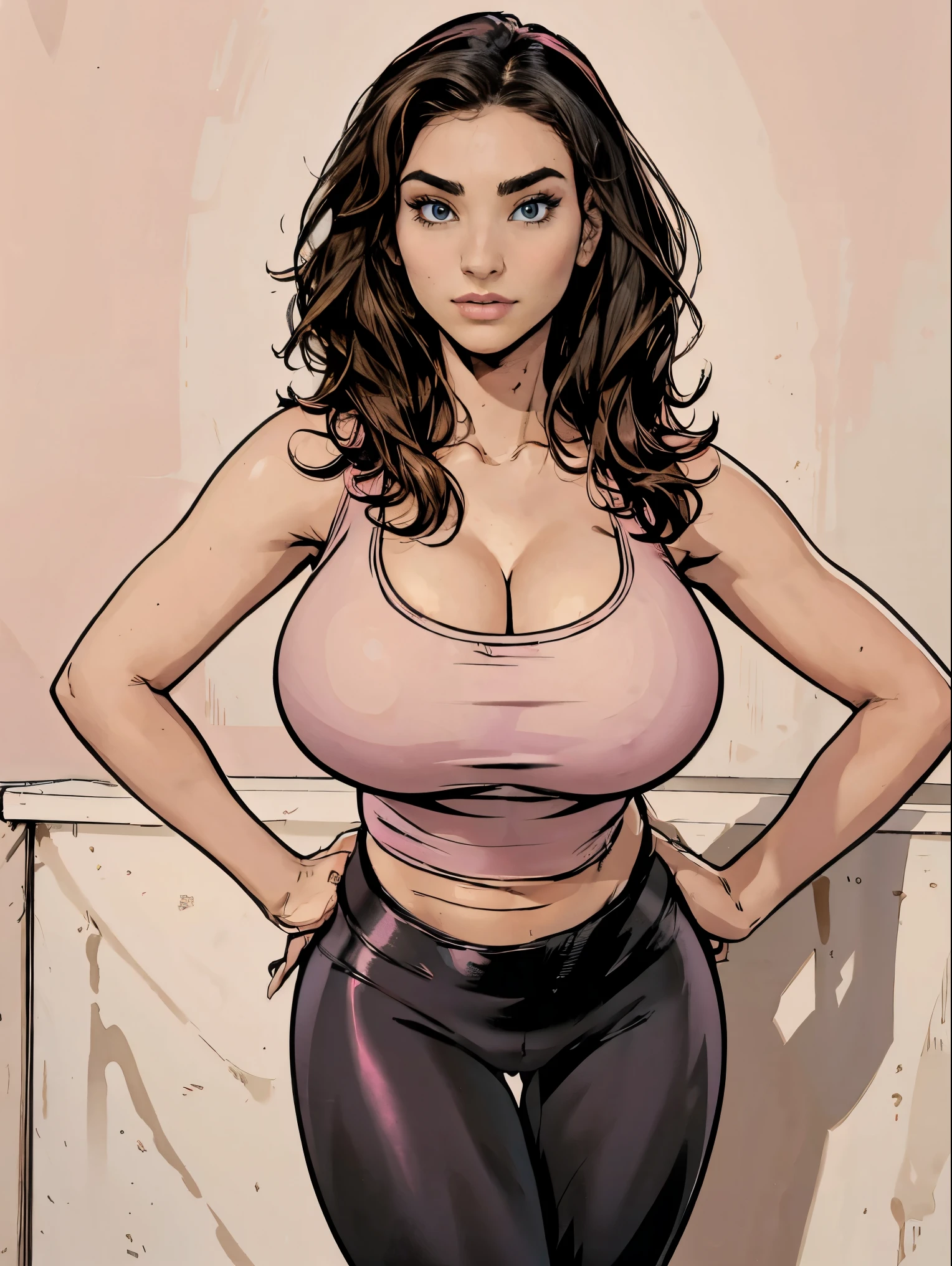 Gorgeous and sultry busty athletic brunette with sharp facial features and a (large nose) and (big boobs) wearing a pink tank top and black leggings, skindentation, cleavage
