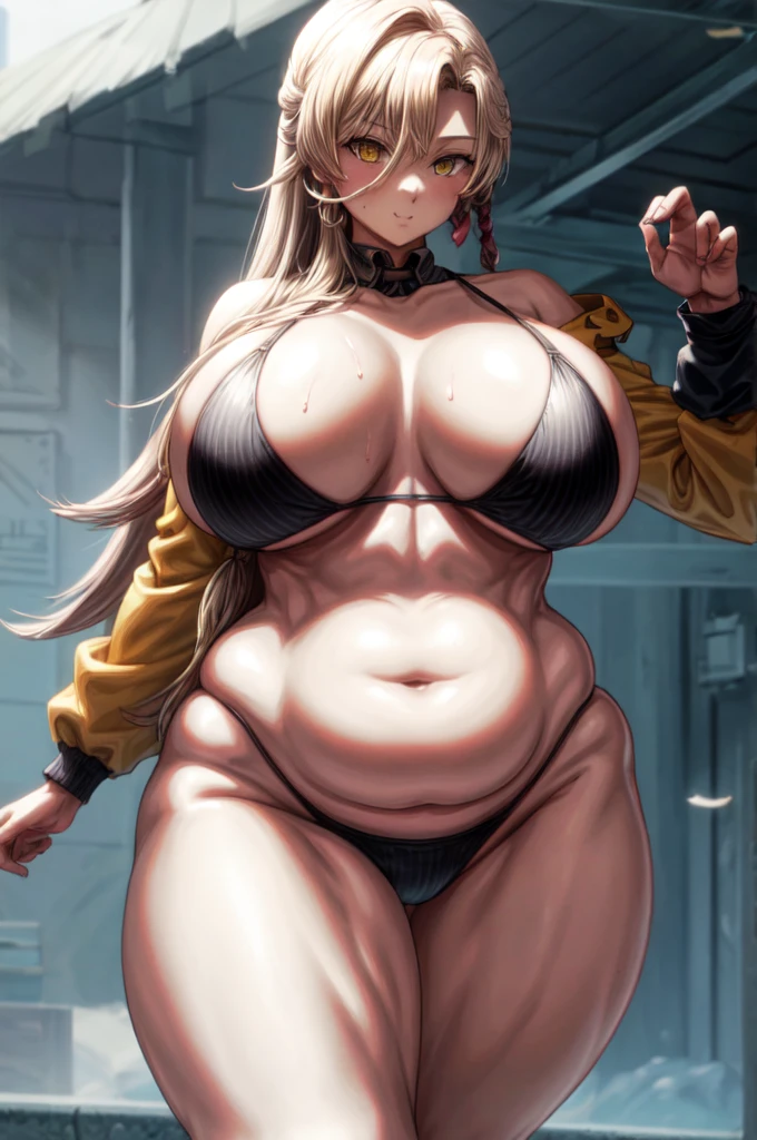 Big Tits, Huge breasts, Thick thighs, Obese, Beach, Constraints,Gravure pose, lure, Plump, Sweat, Belly meat, muffin top, BBW, muscular, Chubby, Swimwear, bikini, happy trail, bbnui, long hair, blonde hair, hair between eyes, yellow eyes, jewelry,