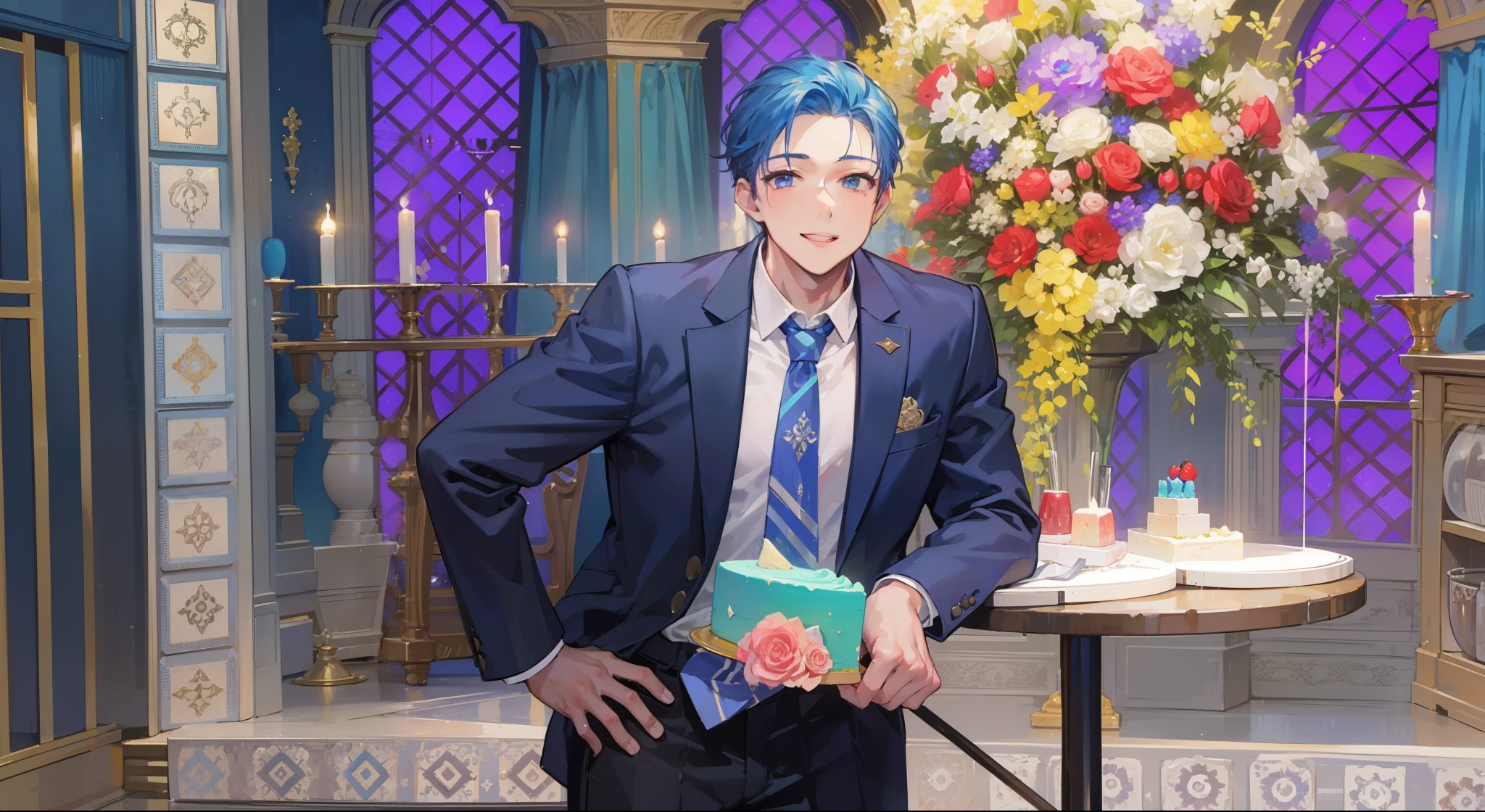 1boy, male focus, TV presenter, masterpiece, top quality, very beautiful, light blue hair, smile, body balance, has cake, is taller